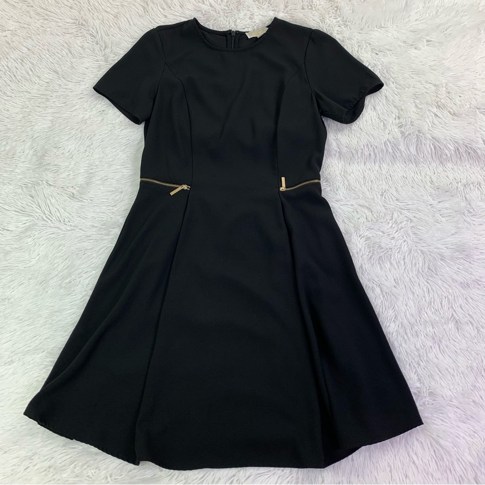 Michael Kors Black‎ fit and flare Mini Dress with Gold Zippers pleated details